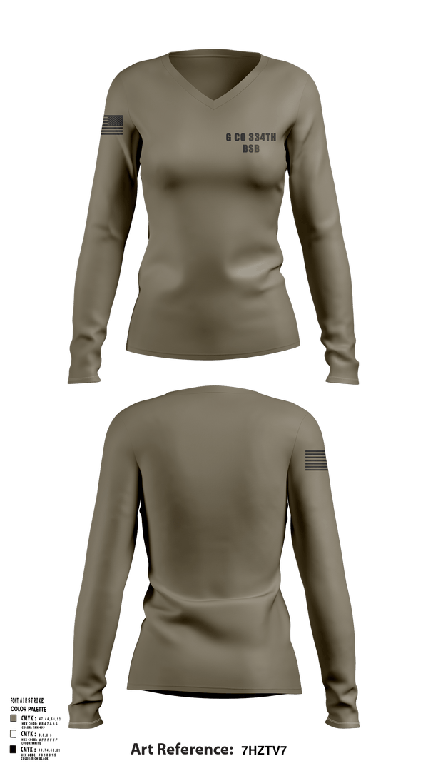 Womens Long Sleeve Vneck Shirt, G Co 334th BSB, National Guard, Teamtime, Team time, sublimation, custom sports apparel, team uniforms, spirit wear, spiritwear, sports uniforms, custom shirts, team store, custom team store, fundraiser sports, apparel fundraiser