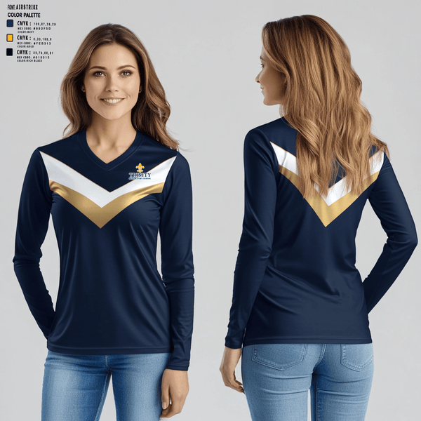 Womens Long Sleeve Vneck Shirt 1, Trinity Preparatory School Basketball, Women's Basketball, Teamtime, Team time, sublimation, custom sports apparel, team uniforms, spirit wear, spiritwear, sports uniforms, custom shirts, team store, custom team store, fundraiser sports, apparel fundraiser