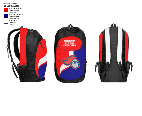 Gear Bag, Spartanburg Christian Academy Track, Track & Field, Teamtime, Team time, sublimation, custom sports apparel, team uniforms, spirit wear, spiritwear, sports uniforms, custom shirts, team store, custom team store, fundraiser sports, apparel fundraiser