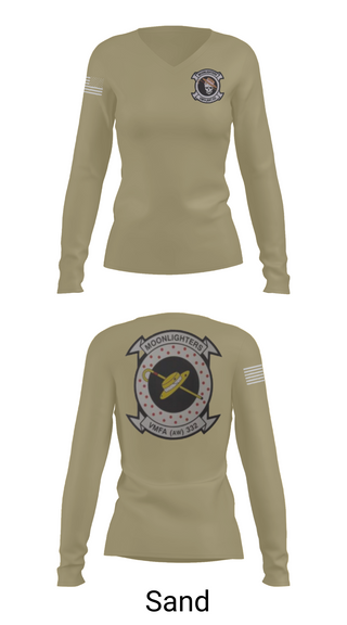 Womens Long Sleeve Vneck Shirt, VMFA-332 The Moonlighters, Marines, Teamtime, Team time, sublimation, custom sports apparel, team uniforms, spirit wear, spiritwear, sports uniforms, custom shirts, team store, custom team store, fundraiser sports, apparel fundraiser