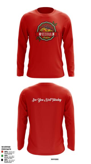 Long Sleeve Performance Shirt, Pizzeria ItaliaJDC PBA, Bowling, Teamtime, Team time, sublimation, custom sports apparel, team uniforms, spirit wear, spiritwear, sports uniforms, custom shirts, team store, custom team store, fundraiser sports, apparel fundraiser