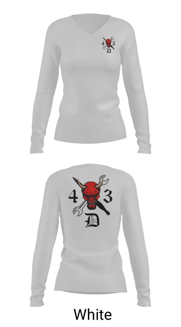 Women's Long Sleeve Vneck Shirt, 4-3 DEMONS, Army, Teamtime, Team time, sublimation, custom sports apparel, team uniforms, spirit wear, spiritwear, sports uniforms, custom shirts, team store, custom team store, fundraiser sports, apparel fundraiser
