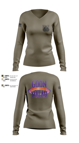 Womens Long Sleeve Vneck Shirt, GOON SQUAD, Army, Teamtime, Team time, sublimation, custom sports apparel, team uniforms, spirit wear, spiritwear, sports uniforms, custom shirts, team store, custom team store, fundraiser sports, apparel fundraiser