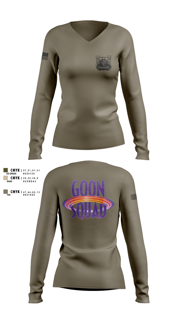 Womens Long Sleeve Vneck Shirt, GOON SQUAD, Army, Teamtime, Team time, sublimation, custom sports apparel, team uniforms, spirit wear, spiritwear, sports uniforms, custom shirts, team store, custom team store, fundraiser sports, apparel fundraiser