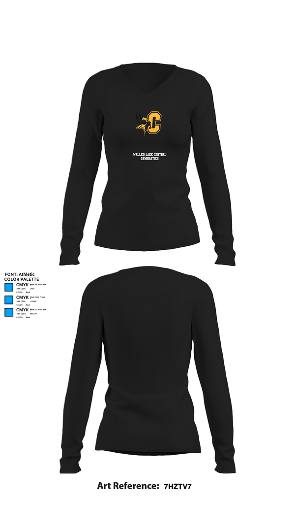 Womens Long Sleeve Vneck Shirt 1, Walled Lake Central Gymnastics, Spirit Store, Teamtime, Team time, sublimation, custom sports apparel, team uniforms, spirit wear, spiritwear, sports uniforms, custom shirts, team store, custom team store, fundraiser sports, apparel fundraiser