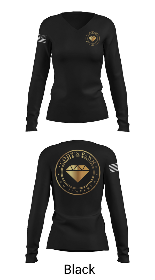 Womens Long Sleeve Vneck Shirt, Cody’s Pawn & Jewelry, , Teamtime, Team time, sublimation, custom sports apparel, team uniforms, spirit wear, spiritwear, sports uniforms, custom shirts, team store, custom team store, fundraiser sports, apparel fundraiser