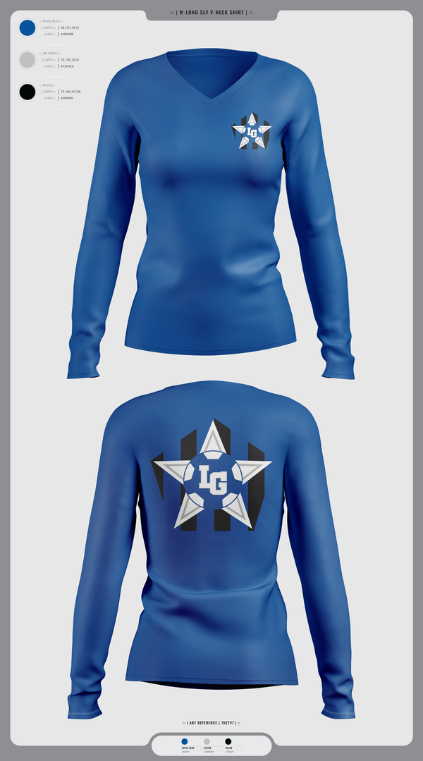 Womens Long Sleeve Vneck Shirt, LaGrange Grangers, Men's Soccer, Teamtime, Team time, sublimation, custom sports apparel, team uniforms, spirit wear, spiritwear, sports uniforms, custom shirts, team store, custom team store, fundraiser sports, apparel fundraiser