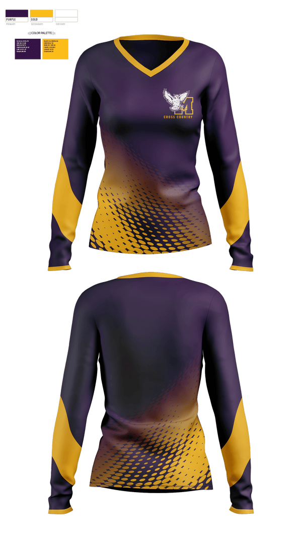 Womens Long Sleeve Vneck Shirt, Monticello High School Cross Country, Cross Country, Teamtime, Team time, sublimation, custom sports apparel, team uniforms, spirit wear, spiritwear, sports uniforms, custom shirts, team store, custom team store, fundraiser sports, apparel fundraiser