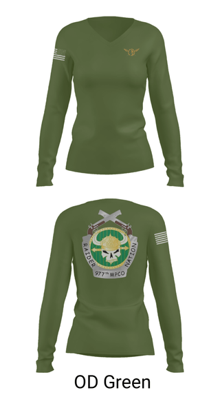 Womens Long Sleeve Vneck Shirt, 977 MP CO, Army, Teamtime, Team time, sublimation, custom sports apparel, team uniforms, spirit wear, spiritwear, sports uniforms, custom shirts, team store, custom team store, fundraiser sports, apparel fundraiser