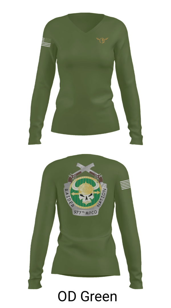 Womens Long Sleeve Vneck Shirt, 977 MP CO, Army, Teamtime, Team time, sublimation, custom sports apparel, team uniforms, spirit wear, spiritwear, sports uniforms, custom shirts, team store, custom team store, fundraiser sports, apparel fundraiser