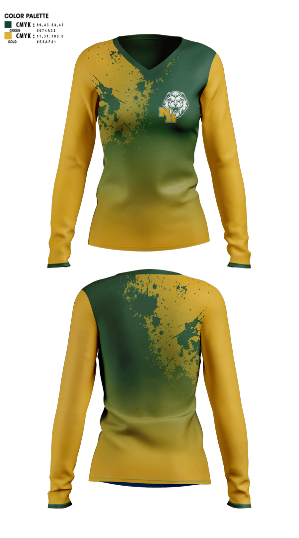 Womens Long Sleeve Vneck Shirt 1, North Hunterdon High School, Spirit Store, Teamtime, Team time, sublimation, custom sports apparel, team uniforms, spirit wear, spiritwear, sports uniforms, custom shirts, team store, custom team store, fundraiser sports, apparel fundraiser