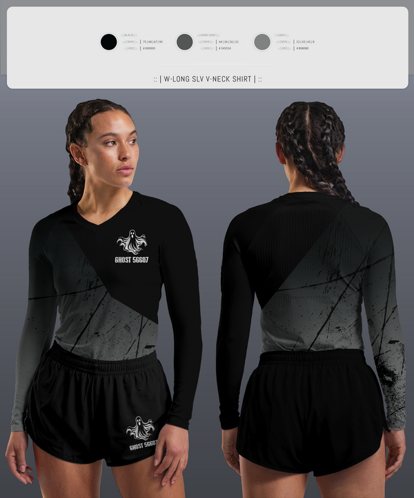 Womens Long Sleeve Vneck Shirt, GHOST, Spirit Store, Teamtime, Team time, sublimation, custom sports apparel, team uniforms, spirit wear, spiritwear, sports uniforms, custom shirts, team store, custom team store, fundraiser sports, apparel fundraiser