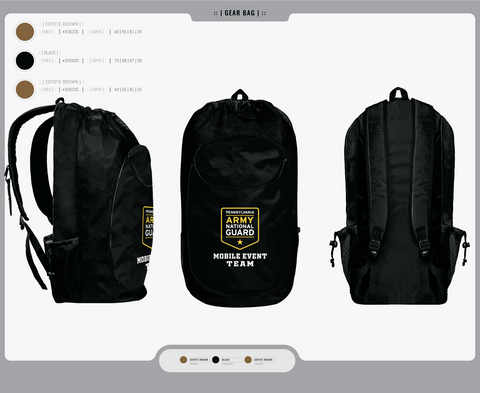 Gear Bag, Recruiting, National Guard, Teamtime, Team time, sublimation, custom sports apparel, team uniforms, spirit wear, spiritwear, sports uniforms, custom shirts, team store, custom team store, fundraiser sports, apparel fundraiser