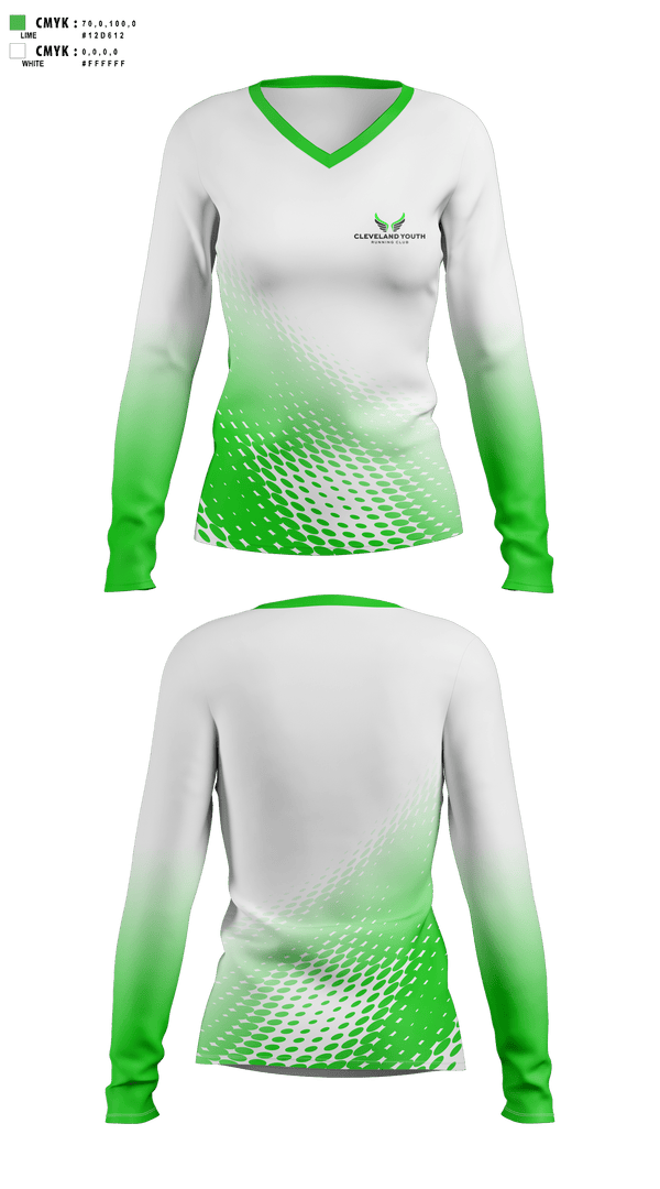 Womens Long Sleeve Vneck Shirt, Cleveland Youth Running Club, Cross Country, Teamtime, Team time, sublimation, custom sports apparel, team uniforms, spirit wear, spiritwear, sports uniforms, custom shirts, team store, custom team store, fundraiser sports, apparel fundraiser