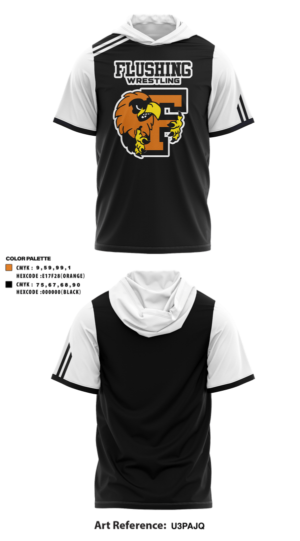 Short Sleeve Performance Shirt with hood, Flushing High School Wrestling, Wrestling, Teamtime, Team time, sublimation, custom sports apparel, team uniforms, spirit wear, spiritwear, sports uniforms, custom shirts, team store, custom team store, fundraiser sports, apparel fundraiser