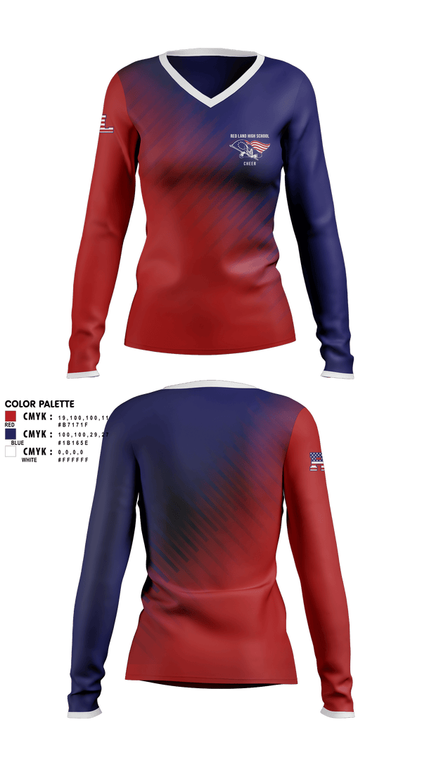Womens Long Sleeve Vneck Shirt, Red Land High School Cheer, Cheer, Teamtime, Team time, sublimation, custom sports apparel, team uniforms, spirit wear, spiritwear, sports uniforms, custom shirts, team store, custom team store, fundraiser sports, apparel fundraiser
