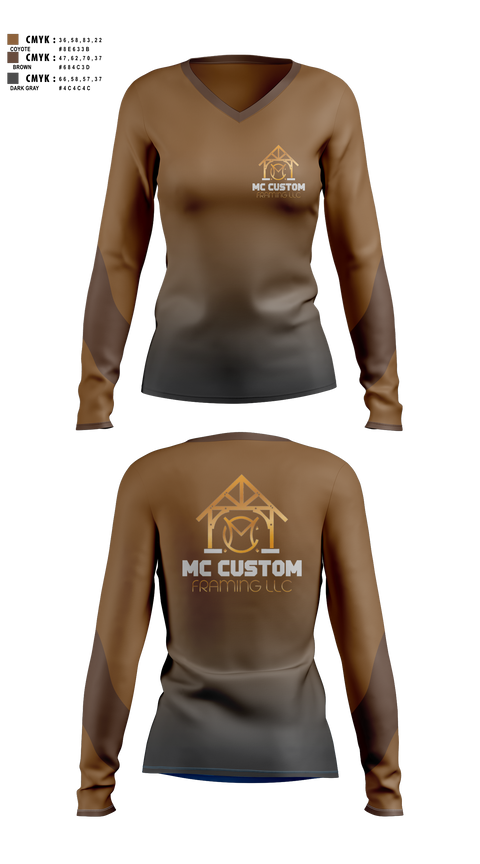 Womens Long Sleeve Vneck Shirt, MC CUSTOM FRAMING LLC, , Teamtime, Team time, sublimation, custom sports apparel, team uniforms, spirit wear, spiritwear, sports uniforms, custom shirts, team store, custom team store, fundraiser sports, apparel fundraiser