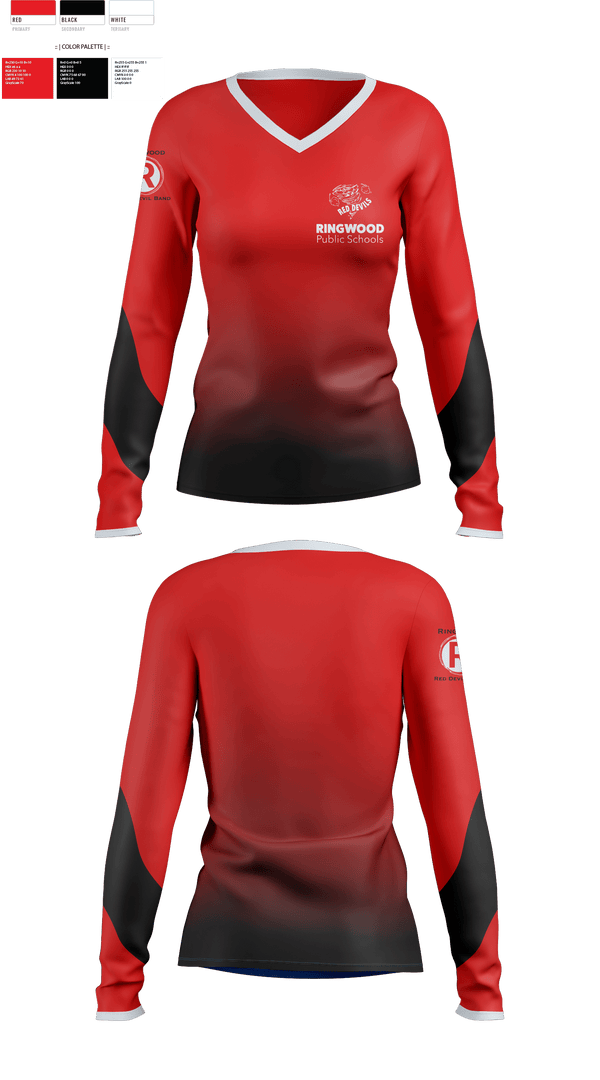 Womens Long Sleeve Vneck Shirt, Ringwood High School Band, Spirit Store, Teamtime, Team time, sublimation, custom sports apparel, team uniforms, spirit wear, spiritwear, sports uniforms, custom shirts, team store, custom team store, fundraiser sports, apparel fundraiser