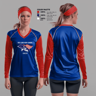 Womens Long Sleeve Vneck Shirt, Red Land High School Cheer, Cheer, Teamtime, Team time, sublimation, custom sports apparel, team uniforms, spirit wear, spiritwear, sports uniforms, custom shirts, team store, custom team store, fundraiser sports, apparel fundraiser