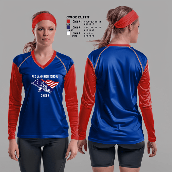 Womens Long Sleeve Vneck Shirt, Red Land High School Cheer, Cheer, Teamtime, Team time, sublimation, custom sports apparel, team uniforms, spirit wear, spiritwear, sports uniforms, custom shirts, team store, custom team store, fundraiser sports, apparel fundraiser