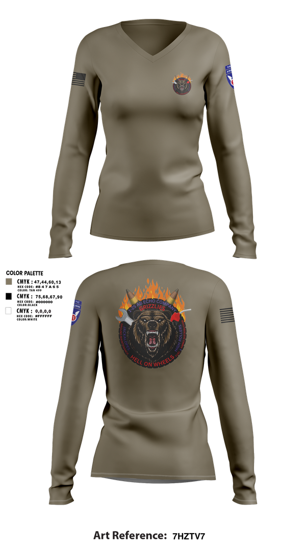 Womens Long Sleeve Vneck Shirt, E co 1/25, Army, Teamtime, Team time, sublimation, custom sports apparel, team uniforms, spirit wear, spiritwear, sports uniforms, custom shirts, team store, custom team store, fundraiser sports, apparel fundraiser