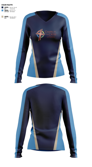 Womens Long Sleeve Vneck Shirt, Chapel of the Cross, , Teamtime, Team time, sublimation, custom sports apparel, team uniforms, spirit wear, spiritwear, sports uniforms, custom shirts, team store, custom team store, fundraiser sports, apparel fundraiser