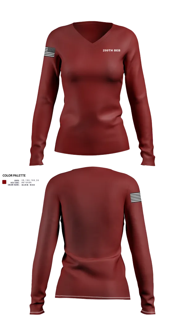 Womens Long Sleeve Vneck Shirt, 299th BEB, Army, Teamtime, Team time, sublimation, custom sports apparel, team uniforms, spirit wear, spiritwear, sports uniforms, custom shirts, team store, custom team store, fundraiser sports, apparel fundraiser