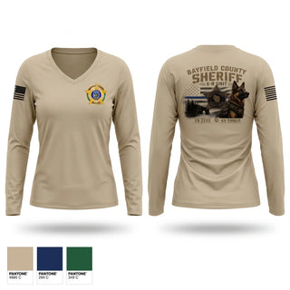 Womens Long Sleeve Vneck Shirt, Bayfield County Sheriff K9 Unit, Police, Teamtime, Team time, sublimation, custom sports apparel, team uniforms, spirit wear, spiritwear, sports uniforms, custom shirts, team store, custom team store, fundraiser sports, apparel fundraiser