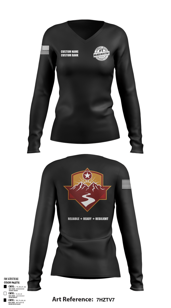 Women's Long Sleeve Vneck Shirt, Fort Bliss DENTAC, Army, Teamtime, Team time, sublimation, custom sports apparel, team uniforms, spirit wear, spiritwear, sports uniforms, custom shirts, team store, custom team store, fundraiser sports, apparel fundraiser