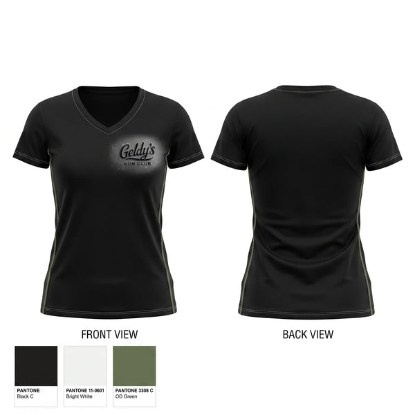 Womens Short Sleeve Vneck Shirt, Geldy’s Run Club, Cross Country, Teamtime, Team time, sublimation, custom sports apparel, team uniforms, spirit wear, spiritwear, sports uniforms, custom shirts, team store, custom team store, fundraiser sports, apparel fundraiser
