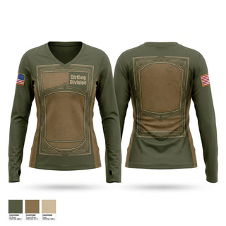 Womens Long Sleeve Vneck Shirt, Dirtbag Division, Army, Teamtime, Team time, sublimation, custom sports apparel, team uniforms, spirit wear, spiritwear, sports uniforms, custom shirts, team store, custom team store, fundraiser sports, apparel fundraiser