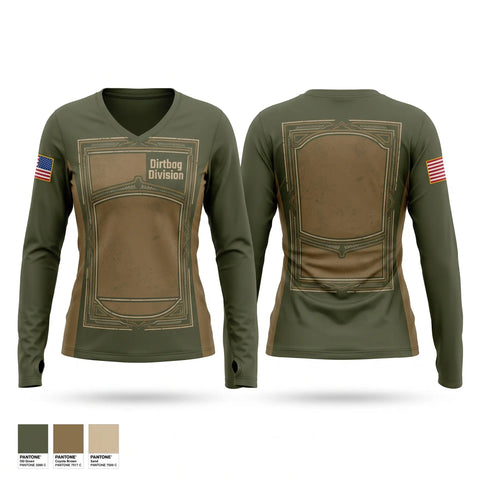 Womens Long Sleeve Vneck Shirt, Dirtbag Division, Army, Teamtime, Team time, sublimation, custom sports apparel, team uniforms, spirit wear, spiritwear, sports uniforms, custom shirts, team store, custom team store, fundraiser sports, apparel fundraiser