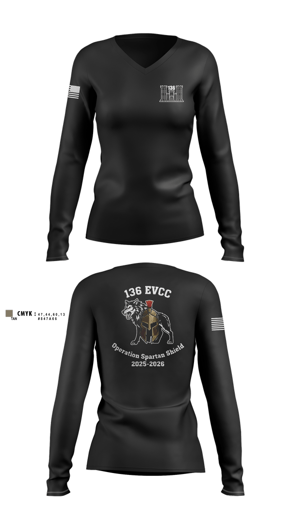 Womens Long Sleeve Vneck Shirt, 136 EVCC, Army, Teamtime, Team time, sublimation, custom sports apparel, team uniforms, spirit wear, spiritwear, sports uniforms, custom shirts, team store, custom team store, fundraiser sports, apparel fundraiser