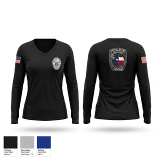 Womens Long Sleeve Vneck Shirt, Oak Point Police Department, Police, Teamtime, Team time, sublimation, custom sports apparel, team uniforms, spirit wear, spiritwear, sports uniforms, custom shirts, team store, custom team store, fundraiser sports, apparel fundraiser