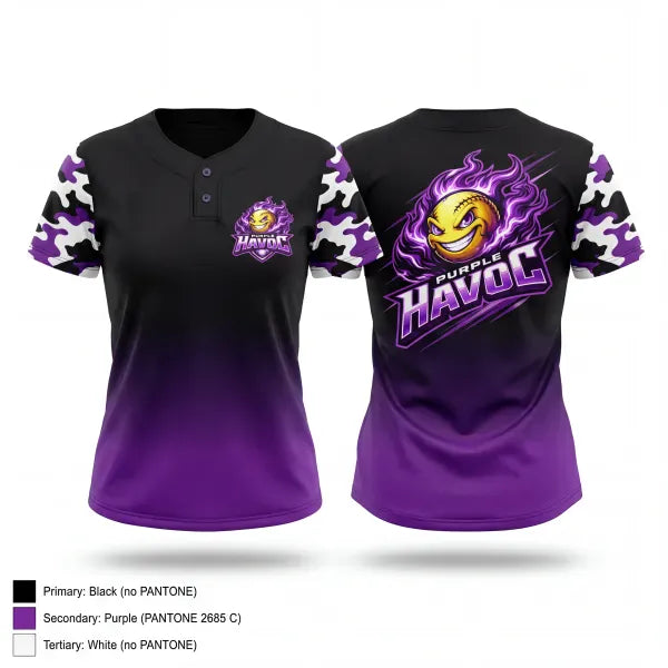 Two Button Softball Jersey, Purple Havoc, Softball, Teamtime, Team time, sublimation, custom sports apparel, team uniforms, spirit wear, spiritwear, sports uniforms, custom shirts, team store, custom team store, fundraiser sports, apparel fundraiser