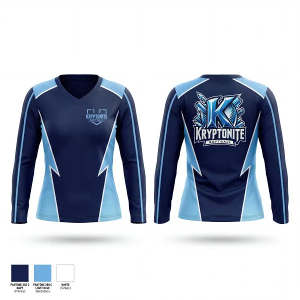 Womens Long Sleeve Vneck Shirt, Kryptonite 8U (Burns, TN), Softball, Teamtime, Team time, sublimation, custom sports apparel, team uniforms, spirit wear, spiritwear, sports uniforms, custom shirts, team store, custom team store, fundraiser sports, apparel fundraiser