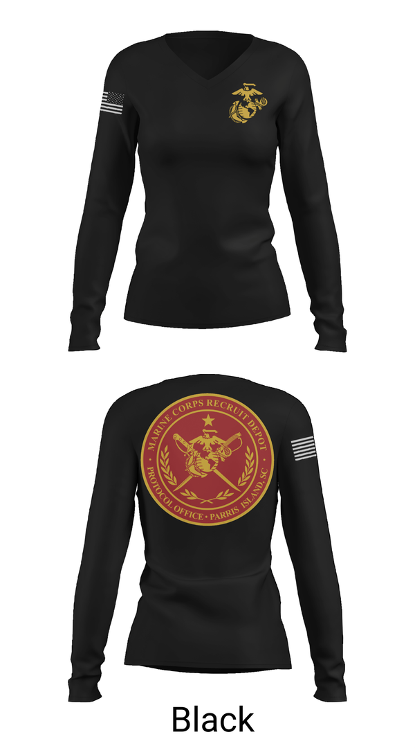 Womens Long Sleeve Vneck Shirt, MCRD Parris Island Protocol Office, Marines, Teamtime, Team time, sublimation, custom sports apparel, team uniforms, spirit wear, spiritwear, sports uniforms, custom shirts, team store, custom team store, fundraiser sports, apparel fundraiser
