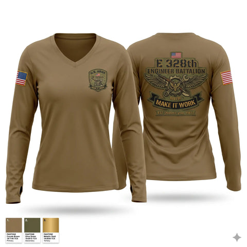 Womens Long Sleeve Vneck Shirt, E328th, Army, Teamtime, Team time, sublimation, custom sports apparel, team uniforms, spirit wear, spiritwear, sports uniforms, custom shirts, team store, custom team store, fundraiser sports, apparel fundraiser