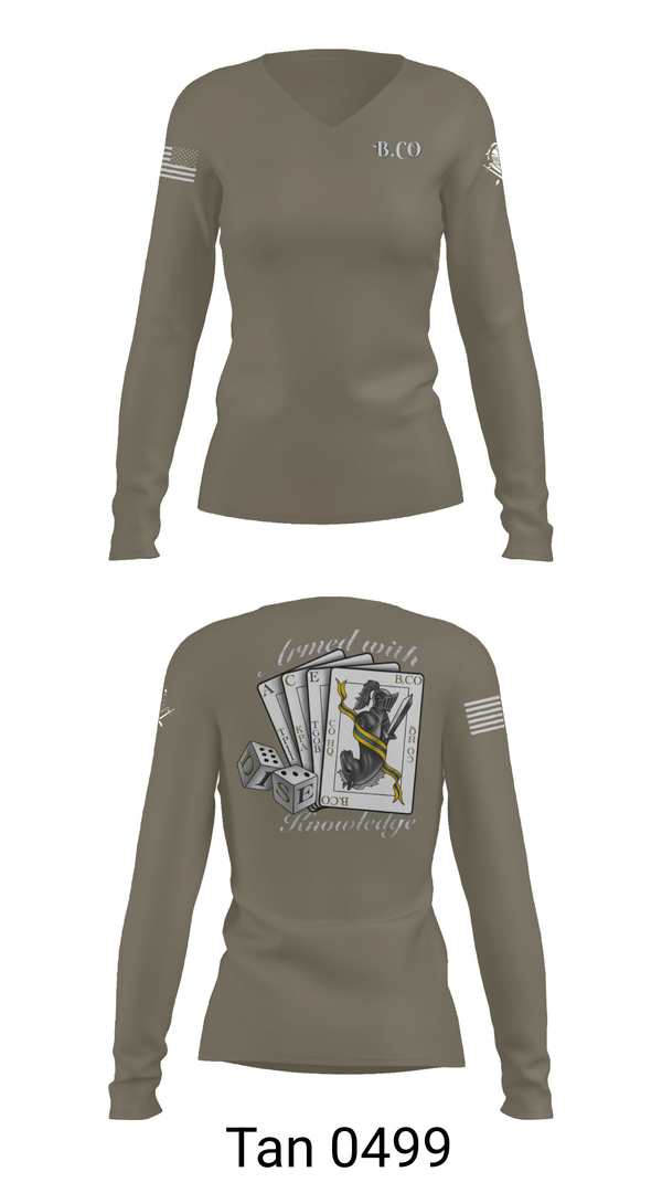 Womens Long Sleeve Vneck Shirt, Bravo Company 532ND Military Battalion, , Teamtime, Team time, sublimation, custom sports apparel, team uniforms, spirit wear, spiritwear, sports uniforms, custom shirts, team store, custom team store, fundraiser sports, apparel fundraiser