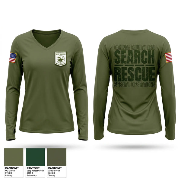 Womens Long Sleeve Vneck Shirt, Conway County OEM Rescue, EMS/EMT, Teamtime, Team time, sublimation, custom sports apparel, team uniforms, spirit wear, spiritwear, sports uniforms, custom shirts, team store, custom team store, fundraiser sports, apparel fundraiser