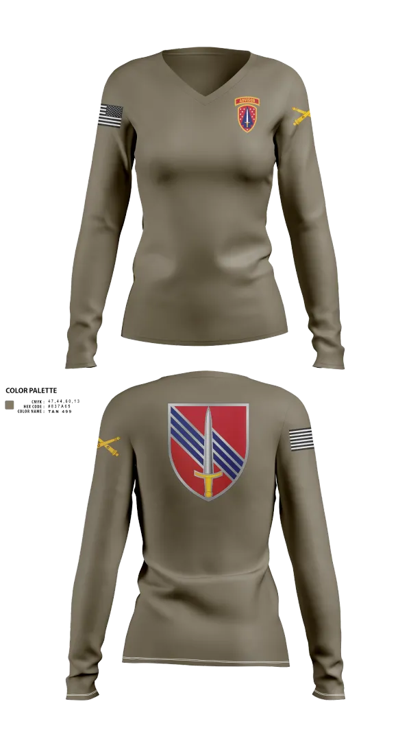 Womens Long Sleeve Vneck Shirt, HHB 4th BN, 3rd SFAB, , Teamtime, Team time, sublimation, custom sports apparel, team uniforms, spirit wear, spiritwear, sports uniforms, custom shirts, team store, custom team store, fundraiser sports, apparel fundraiser