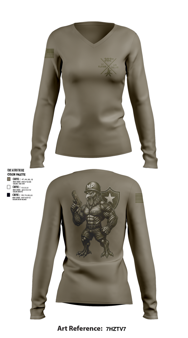 Womens Long Sleeve Vneck Shirt, 1st PLT Roosters, Army, Teamtime, Team time, sublimation, custom sports apparel, team uniforms, spirit wear, spiritwear, sports uniforms, custom shirts, team store, custom team store, fundraiser sports, apparel fundraiser