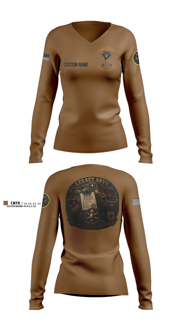 Womens Long Sleeve Vneck Shirt, Legacy 3/2 Fury Troop, Army, Teamtime, Team time, sublimation, custom sports apparel, team uniforms, spirit wear, spiritwear, sports uniforms, custom shirts, team store, custom team store, fundraiser sports, apparel fundraiser