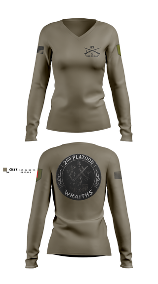 Womens Long Sleeve Vneck Shirt, 2nd PLT, C co, 1-63 AR BN, Army, Teamtime, Team time, sublimation, custom sports apparel, team uniforms, spirit wear, spiritwear, sports uniforms, custom shirts, team store, custom team store, fundraiser sports, apparel fundraiser