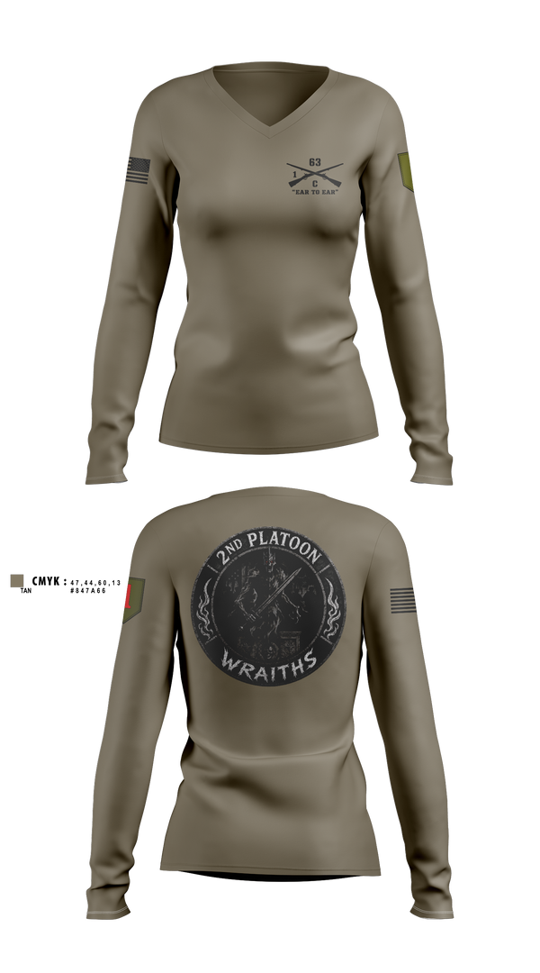 Womens Long Sleeve Vneck Shirt, 2nd PLT, C co, 1-63 AR BN, Army, Teamtime, Team time, sublimation, custom sports apparel, team uniforms, spirit wear, spiritwear, sports uniforms, custom shirts, team store, custom team store, fundraiser sports, apparel fundraiser