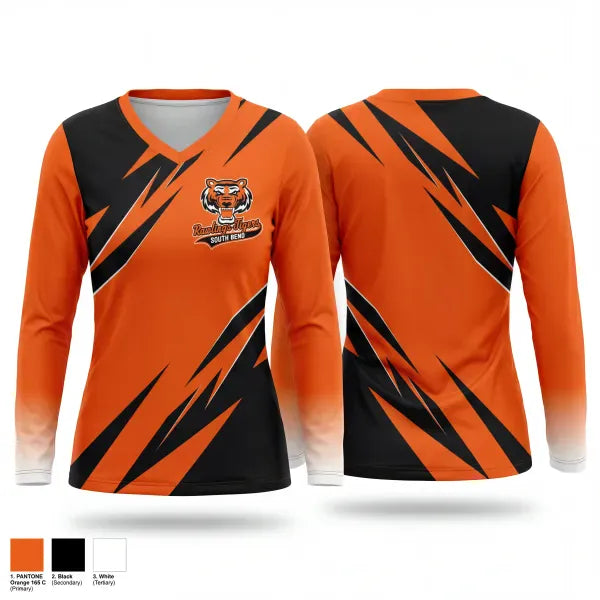 Womens Long Sleeve Vneck Shirt, Rawlings Tigers South Bend, Baseball, Teamtime, Team time, sublimation, custom sports apparel, team uniforms, spirit wear, spiritwear, sports uniforms, custom shirts, team store, custom team store, fundraiser sports, apparel fundraiser