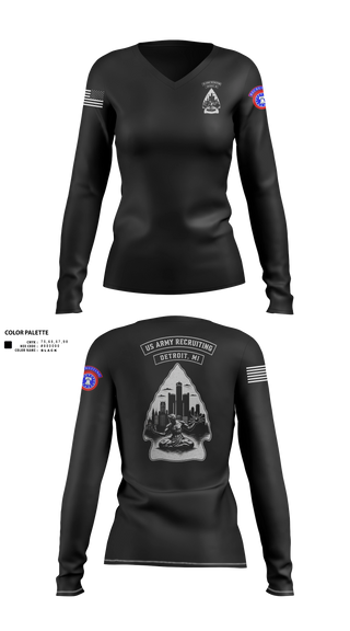 Womens Long Sleeve Vneck Shirt, Detroit Recruiting Station, Army, Teamtime, Team time, sublimation, custom sports apparel, team uniforms, spirit wear, spiritwear, sports uniforms, custom shirts, team store, custom team store, fundraiser sports, apparel fundraiser