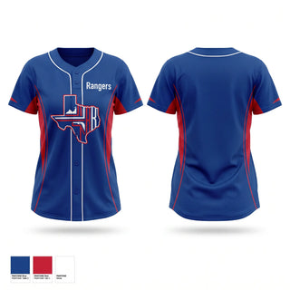 Two Button Softball Jersey, Rangers, Softball, Teamtime, Team time, sublimation, custom sports apparel, team uniforms, spirit wear, spiritwear, sports uniforms, custom shirts, team store, custom team store, fundraiser sports, apparel fundraiser