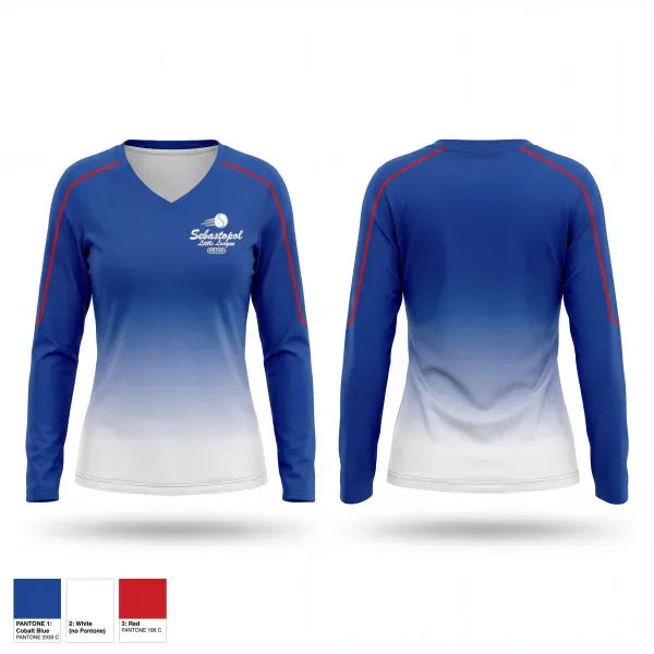 Womens Long Sleeve Vneck Shirt, Sebastopol Little League, Baseball, Teamtime, Team time, sublimation, custom sports apparel, team uniforms, spirit wear, spiritwear, sports uniforms, custom shirts, team store, custom team store, fundraiser sports, apparel fundraiser