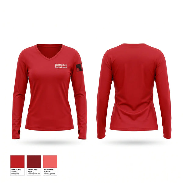 Womens Long Sleeve Vneck Shirt, Ericson Fire Department, Fire Department, Teamtime, Team time, sublimation, custom sports apparel, team uniforms, spirit wear, spiritwear, sports uniforms, custom shirts, team store, custom team store, fundraiser sports, apparel fundraiser